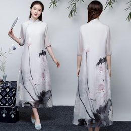 Ethnic Clothing White Wash Painting Long Dress Spring Summer Women Elegant Chinese Dresses Cheongsam Qipao Robe Vintage Femme Vestido TA2109