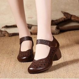 Sandals Summer Women's Genuine Leather Shoes Woman Retro Hollow Out Female Hook Loop Heels Ladies Platform Sandalias BlackSandals