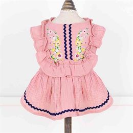 Embroidery Pets Dresses National Style Spring Summer Cotton Dog Clothes For Small Dogs Chihuahua Comfortable Pleated Cat Skirts 210401