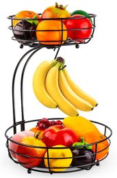 2-Tier Countertop Fruit Vegetables Basket Bowl Storage with Banana Hanger Applied To Kitchen, Living Room, Entrance