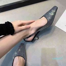 Dress Shoes spring and summer Square Head retro thin heel shallow mouth single shoe women's one-sided belt wrap head middle