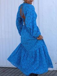 Casual Dresses Blue Cutwork Long Dress Women Embroidery Maxi Woman Summer Backless Female Sleeve For WomenCasual