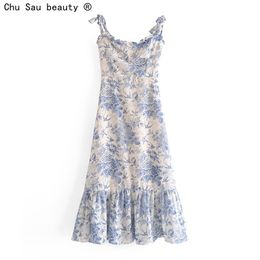 Summer Lace Up Bowknot Spaghetti Strap High Waist French Vintage Printed Ruffle Camisole Dress Female Fashion 220423