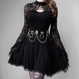 Casual Dresses Helisopus Gothic Black Lace Pactwork Party Dress Women Sexy Hollow Out High Waist Flared Sleeve Mesh See Through