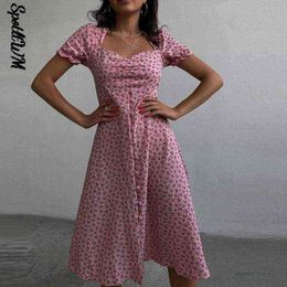 Women Spring Vintage Square collar single breasted Puff Sleeve Dress Female Casual Boho Party Elegant Printed Long Dresses 2022 T220816
