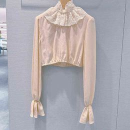 apricot short shirt embroidered lotus collar long sleeve trumpet celebrity versatile top autumn new style