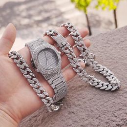 Chains Hip Hop Rapper Iced Out Watch For Men Paved Rhinestones 12MM Miami Curb Cuban Chain CZ Bling Necklaces Mens JewelryChains