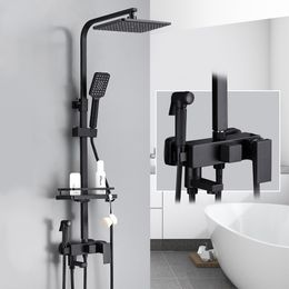 Black Brass Shower Faucet Set Rainfall Bathtub Tap With Bathroom Shelf 4 Functions Height Adjust Shower Mixer Crane Fast Delivey