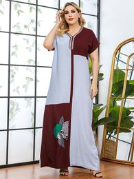 Plus Size Dresses Print Maxi Dress For Women Summer 2022 Short Sleeve Loose Casual Arabic Clothes Cotton Blue Rayon A18200#
