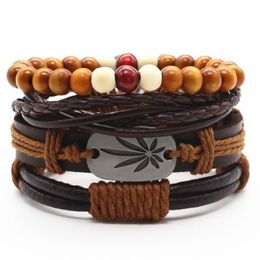 Charm Bracelets Casual Handmade Woven Wood Beads Black Brown Leather Men For Women Homme Femme Jewelry 4 PCS/SetCharmCharm