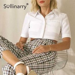 Sollinarry High street Y2K solid pocket crop tops Short sleeves lapel button women shirts summer Fashion cool top party 210709