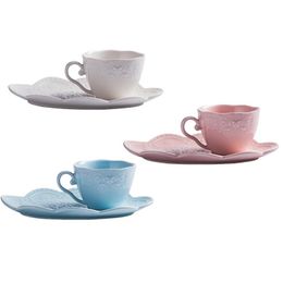 Dinnerware Sets Princess Style Basso-Relievo Lace Mug Ceramic Elegant Cup And Saucer Candy Color Coffee Dessert Dish 3pcs/setDinnerware