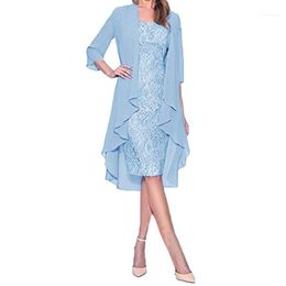 Casual Dresses Summer 2022 Women's Fashion Two Pieces Charming Solid Colour Mother Of The Bride Lace O-Neck Cardigan #j5s1