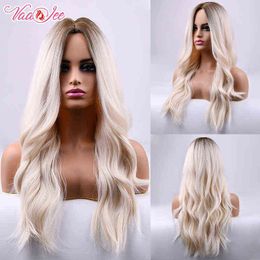 VAAJEE Long Synthetic Hair Wave Wig Omber Brown Light Golden fro Women Middle Part Cosplay Party Blonde Wavy Wigs 220525