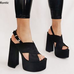 Rontic High Quality Women Platform Sandals Buckle Strap Unisex Block Heel Peep Toe Elegant Black Party Shoes Ladies US Size 5-15