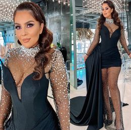 Plus Size Arabic Aso Ebi Black Mermaid Sexy Prom Dresses Sheer Neck Evening Formal Party Second Reception Birthday Engagement Gowns Dress ZJ
