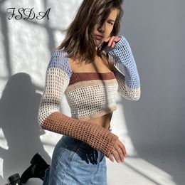 Fashion Knitted Women's T-Shirts Long Sleeve Crop Top Women Beach Autumn Summer Patchwork Vintage Green Casual Sexy T Shirts