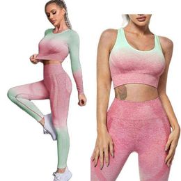 Women Sportswear Yoga Set Workout Clothing Fitness Sport Fit High Waist Seamless Leggings Female Running Suit J220706