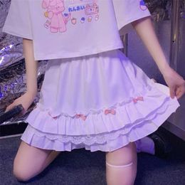 HOUZHOU Kawaii White Mini Skirt Harajuku Ruffle Lace Bow Patchwork High Waist Pleated Japanese Style Soft Girl 220401