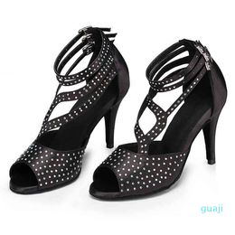 Sandals Black Damask with high heels national standard dance shoes adult social black satin women's sandals