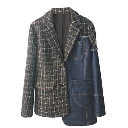 Women's Suits & Blazers Patchwork Denim Suit Long Sleeve Asymmetrical Plaid Blazer Coat Women Plus Size 2022 Spring Autumn P1587