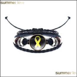 Other Bracelets Jewelry New Fashion Black Mti Layer Leather Bracelet Yellow Ribbon Glass Cabochon Buckle Punk Weave Gifts For Family Drop De