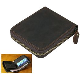 Wallets Vintage Crazy Horse Leather Men Wallet Genuine Zipper Male Purse Money Clips Coin Bag Clutch BrownWallets