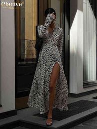 Clacive Sexy V-Neck Print Elegant Dresses For Women Fashion Long Sleeve Slit Midi Dress Female Casual Bodycon Zebra Party Dress T220804