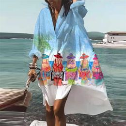 Plus Size Beach Shirt Dres Print V-neck Long Sleeve Loose Dress Bohemian Beach Party Vestidos Robe Sundress 220423