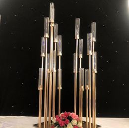 centerpieces wholesale UK - 8 &10 heads Candle Holders backdrops Road Lead props Table Centerpiece Gold Metal Stand Pillar Candlestick For Wedding Candelabra SN6574