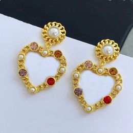 Famous Brand Fashion Colorful Diamond Jewelry Women Gold Color Big Heart Gold Earrings High Quality Pearl Flower Earring
