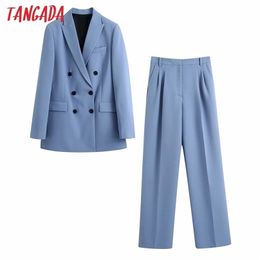 Tangada Women Blue Blazer Suit Pants 2 Piece Set Double-Breasted Long Sleeve Jacket Female Office Pants Suit Sets BE321-1 210331