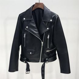 Spring Autumn Pu Leather Jacket Women Zipper Belt Short Soft Pu Leather Jackets Biker Black Punk Faux Motorcycle Coat Plus Size 210908