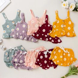 Girls Designer Clothes Kids Summer Clothing Sets Child Lovely Daisy Print Halter Tops Shorts Suits Baby Sweet Vest Harem Knickers Suspender Ruffle Pants Outfits