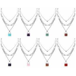 Layered Gemstone Lock Pendant Necklace Chunky Punk Silver Chain Choker Cuban Link Statement Jewellery for Women and Girls
