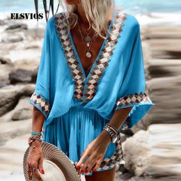 Spring Summer Beach Party Printed Women Bohemia Jumpsuits Casual Half Sleeves V Neck Loose Shorts Overall Playsuits W220427