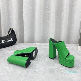 Green platform sandals mules calf Leather slides chunky block high Heels slip-on open toe women street style shoes