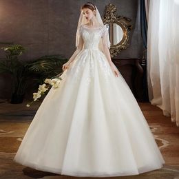 Other Wedding Dresses High Quality Champagne O Neck Short Sleeve Dress 2022 Beautiful Lace Beading Floor Length Plus Size Bridal GownOther