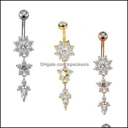 Body Arts Zircon Flowers Belly Button Ring 316L Stainless Steel Cz Inlaid Piercing 14G Navel Barbell Drop Delivery 20 Topscissors Dhqhj