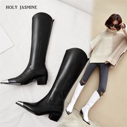 Western Boots Women Knee High Cowboy Boots Fashion Pointed Toe Sewing Shoes Female High Heels Thick Shoes Ladies Autumn New 201112