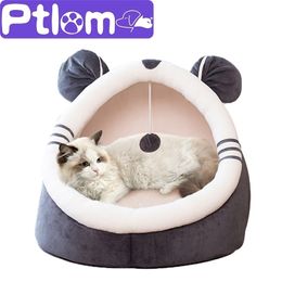 Warm Cat Bed Cute House Foldable Kitten Cushion Winter Pet Enclosed Sleep Tent Soft Nest Cave Washable Dog Basket Mat 220323