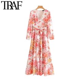 Women Vintage Elegant Lace Patchwork Floral Print Maxi Dress Fashion Long Sleeve Bow Tie Sashes Back Zipper Female Dresses 210507