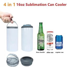 4 in 1 16oz Blank Tumblers Sublimation Straight Beer Cooler With 2 Lids Stainless Steel Cola Can Cooler Double Insulated Cold Water Bottles