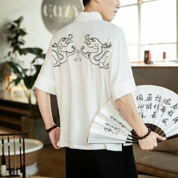 retro japan Canada - Men's T-Shirts Japanese Fashion T-Shirt Men's Retro Samurai Kimono Yukata Asian Shirt Summer Chinoiserie Printed Cotton Linen TopMen's