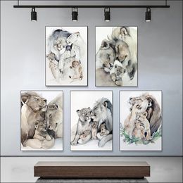 Watercolour Happy Lion Family Canvas Painting Animal Portrait Posters And Prints Wall Art Pictures For Living Room Decoration