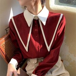 Red Button Up Shirt White Ruffle Turn Down Collar Blouse Women Tops Korean Fashion Clothing Office Lady Work Shirts Blusas 220513