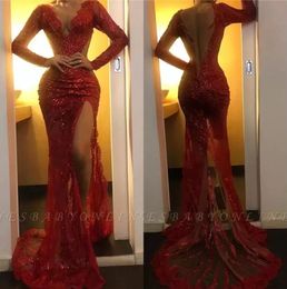 Sparkling Red Sheer V Neck Sequins High Split Mermaid Prom Dresses Long Sleeve Tulle Applique Sweep Train Formal Party Evening Gowns 0714