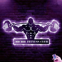 Custom Name Powerlifting Sconce Lamps Wall Art Colourful Led Night Lights Wooden Neon Sign With RGB Controler for Gym Room Decor 220623