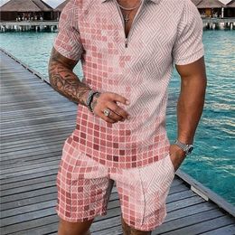 Summer Men's Tracksuit Grid Gradual printing Short Sleeve Zipper Polo Shirt&Shorts Set for Men Casual Streetwear 2-piece Suit S- 220610