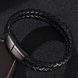 Charm Bracelets Men Black Jewellery Braided Leather Bracelet Cuff Stainless Steel Magnetic Clasp Bangle Fashion Gift BB0507Charm